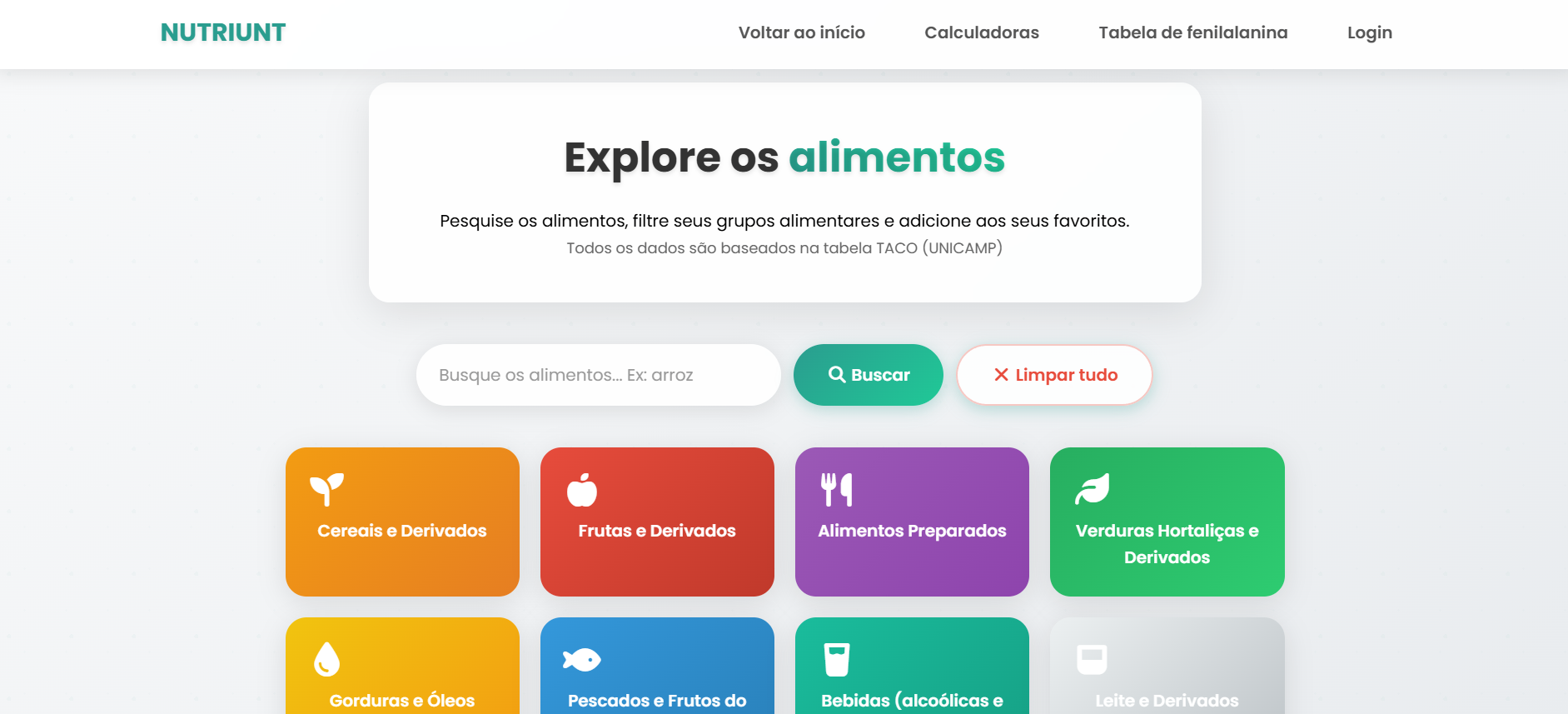 Interface do sistema NUTRIUNT